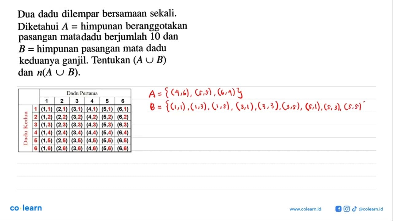 Dua dadu dilempar bersamaan sekali. Diketahui A = himpunan