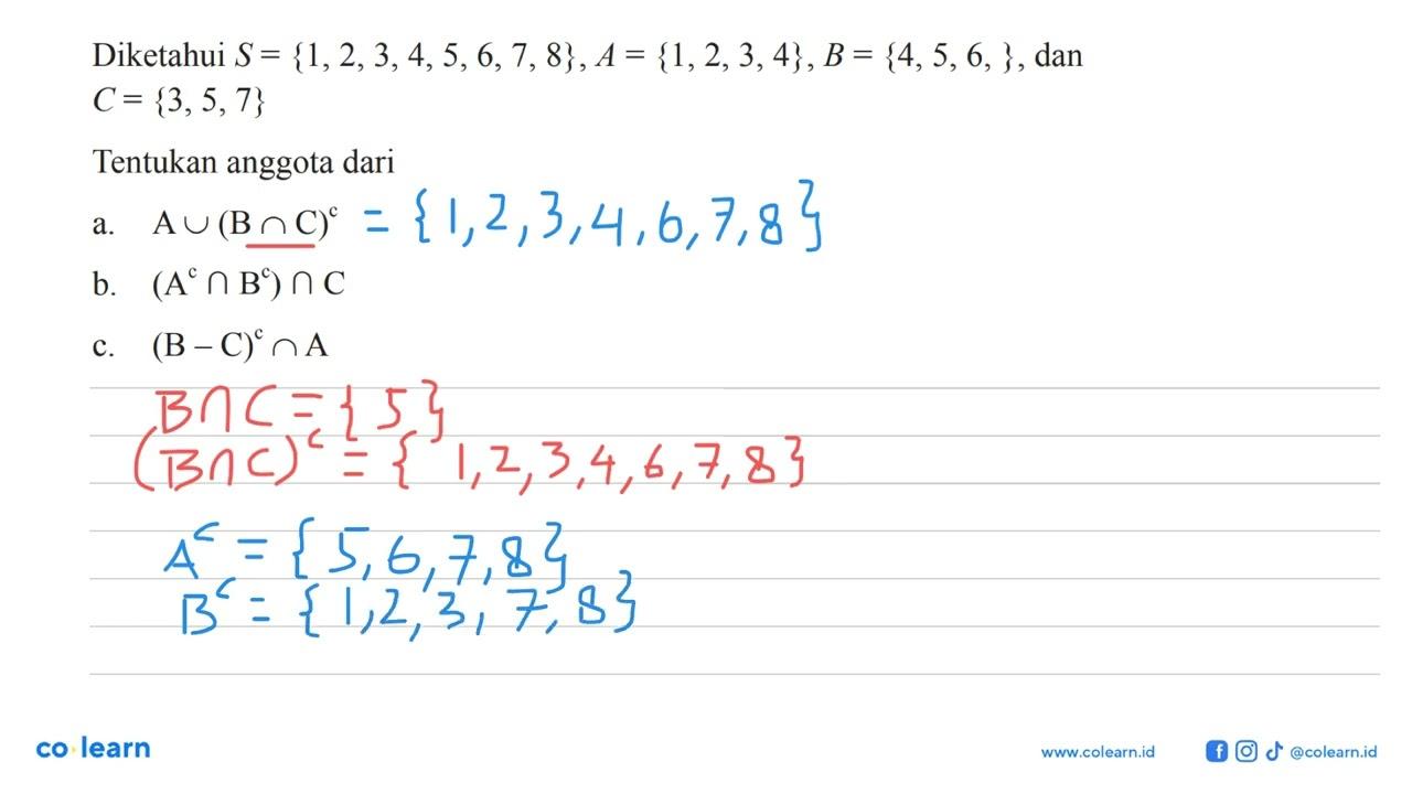 Diketahui S = {1, 2, 3, 4, 5, 6, 7, 8}, A = {1, 2, 3, 4}, B