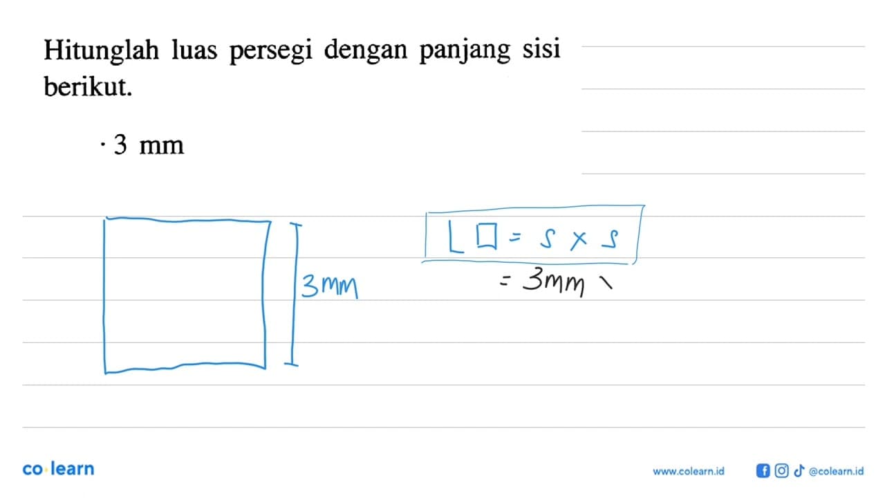 Hitunglah luas persegi dengan panjang sisi berikut.3 mm