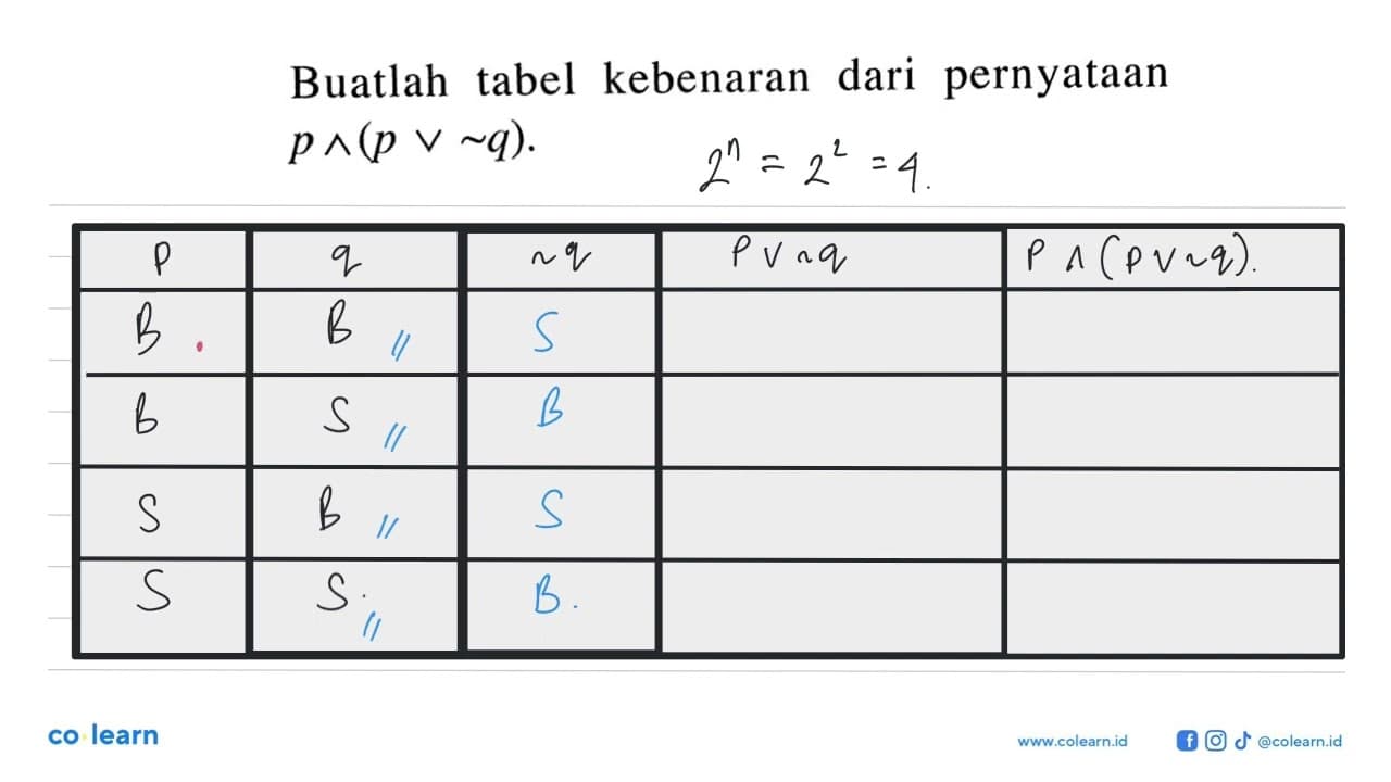 Buatlah tabel kebenaran dari pernyataan p ^ (p v ~q).