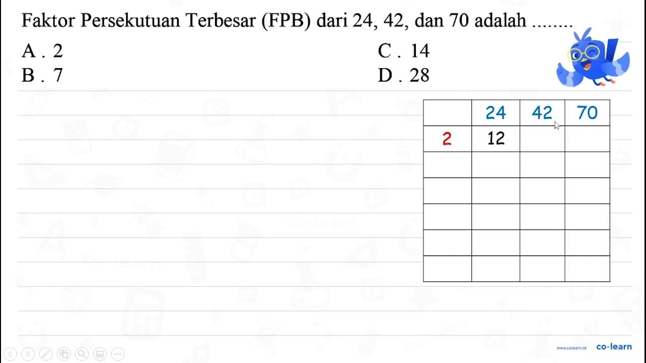 Faktor Persekutuan Terbesar (FPB) dari 24, 42, dan 70