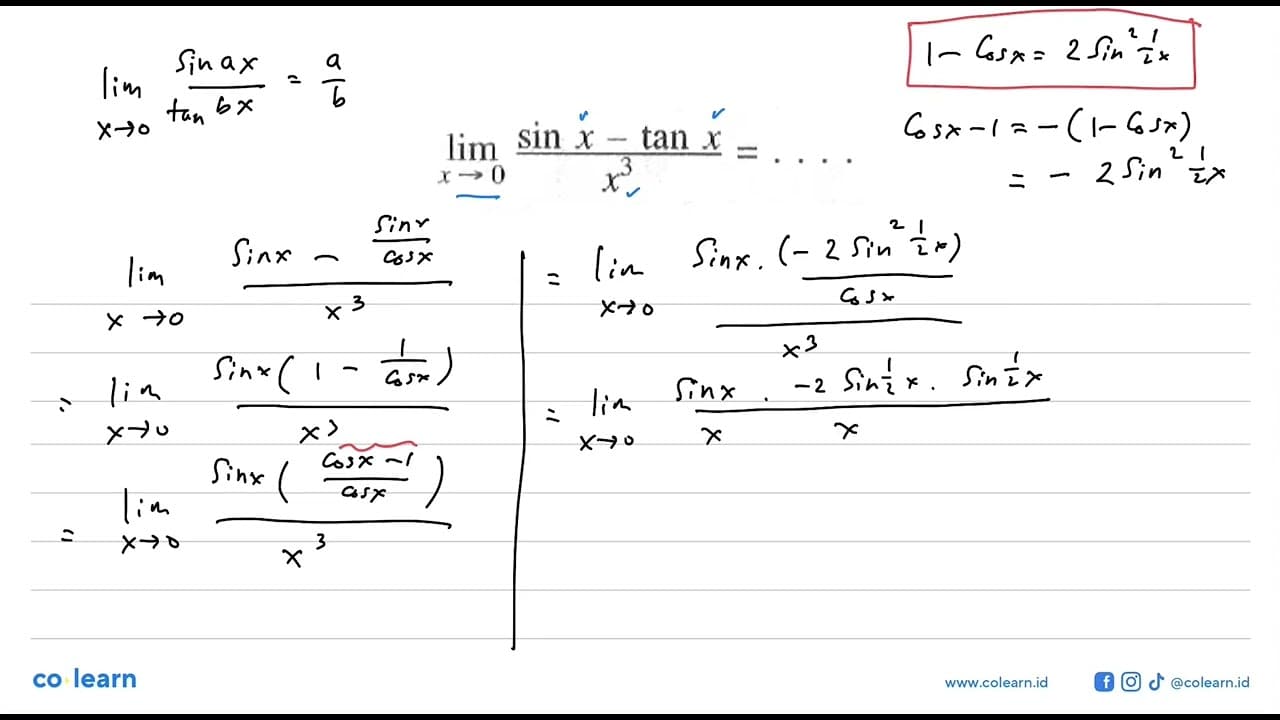 limit x->0 (sin x - tan x)/(x^3) = . . . .