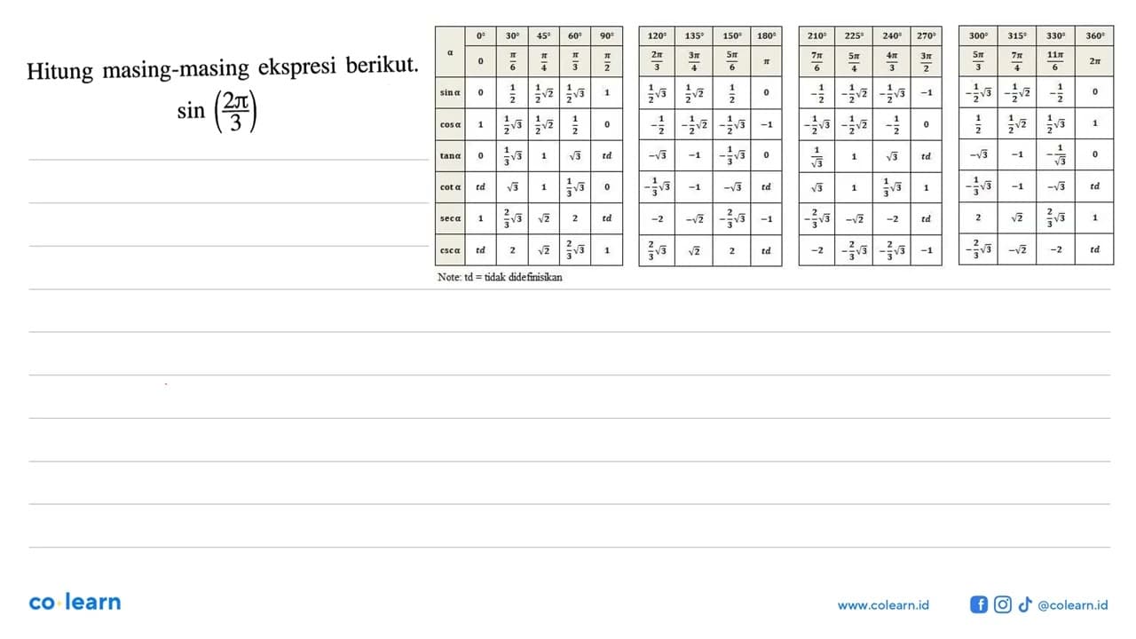 Hitung masing-masing ekspresi berikut. sin(2pi/3)