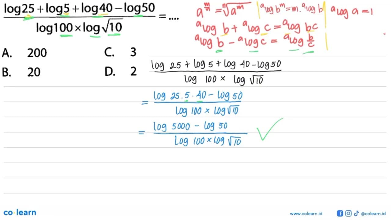 (log25+log5+log40-log50)/(log100xlog(10^(1/2))= ....