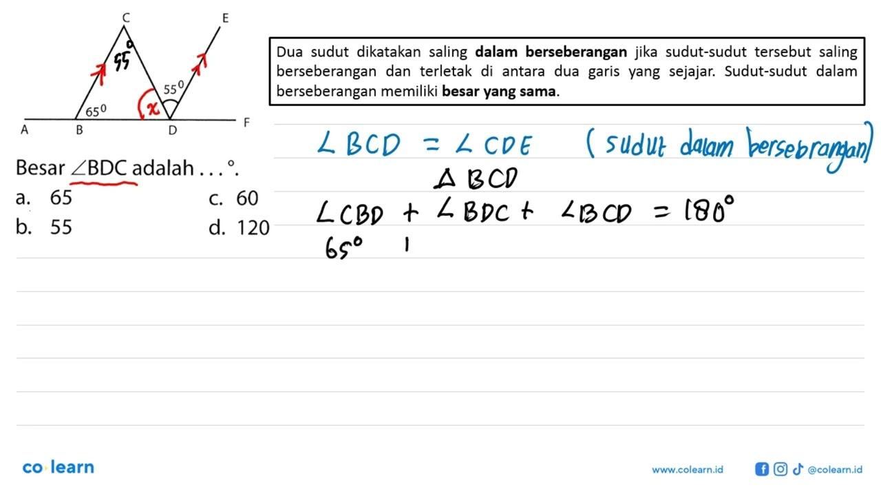 A B 65 C 55 D E FBesar sudut BDC adalah ...