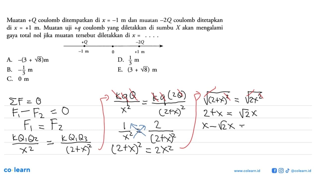 Muatan +Q coulomb ditempatkan di x=-1 m dan muatan -2 Q