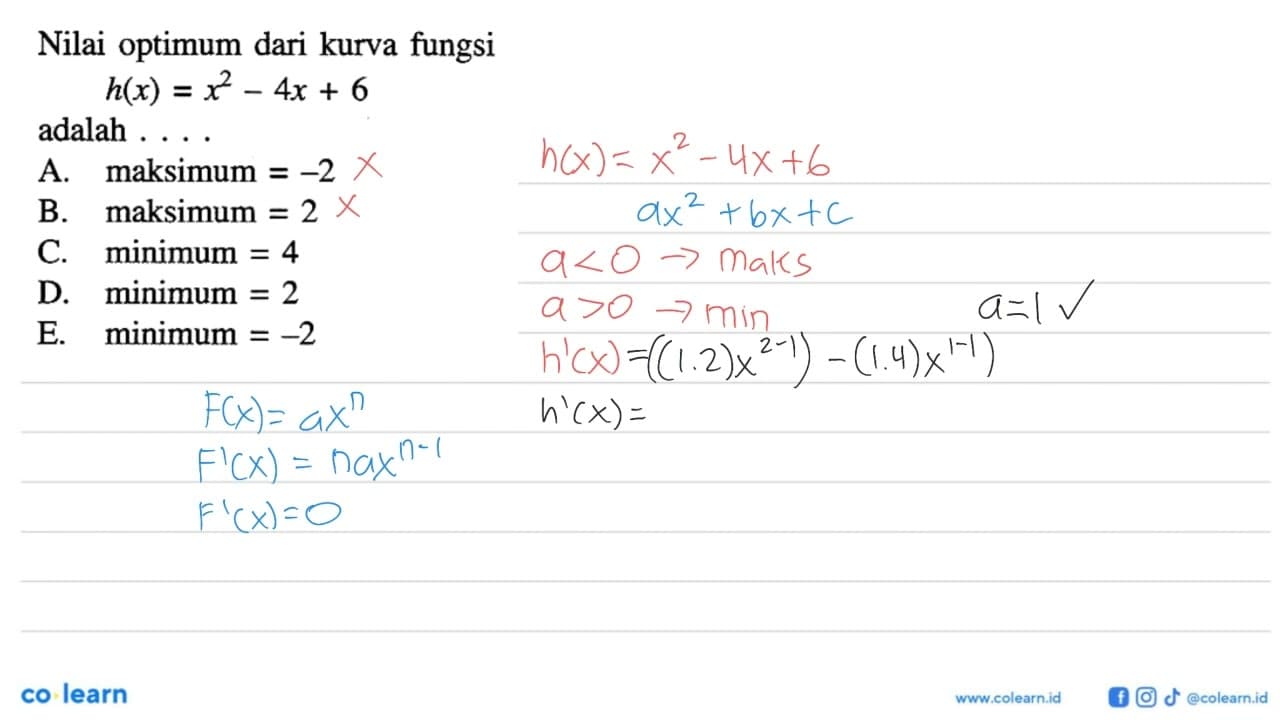 Nilai optimum dari kurva fungsi h(x)=x^2-4x+6 adalah ....