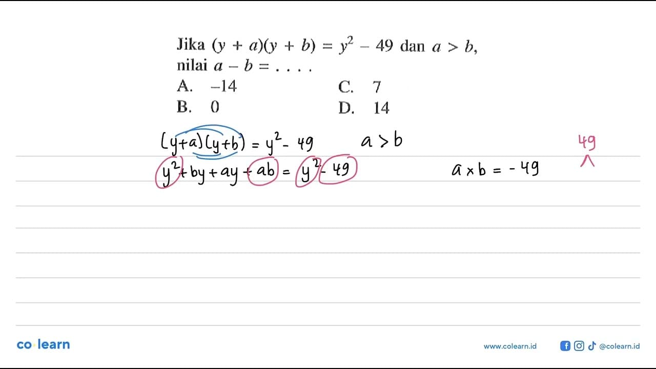 Jika (y + a)(y + b) = y^2 - 49 dan a > b, nilai a - b = ...