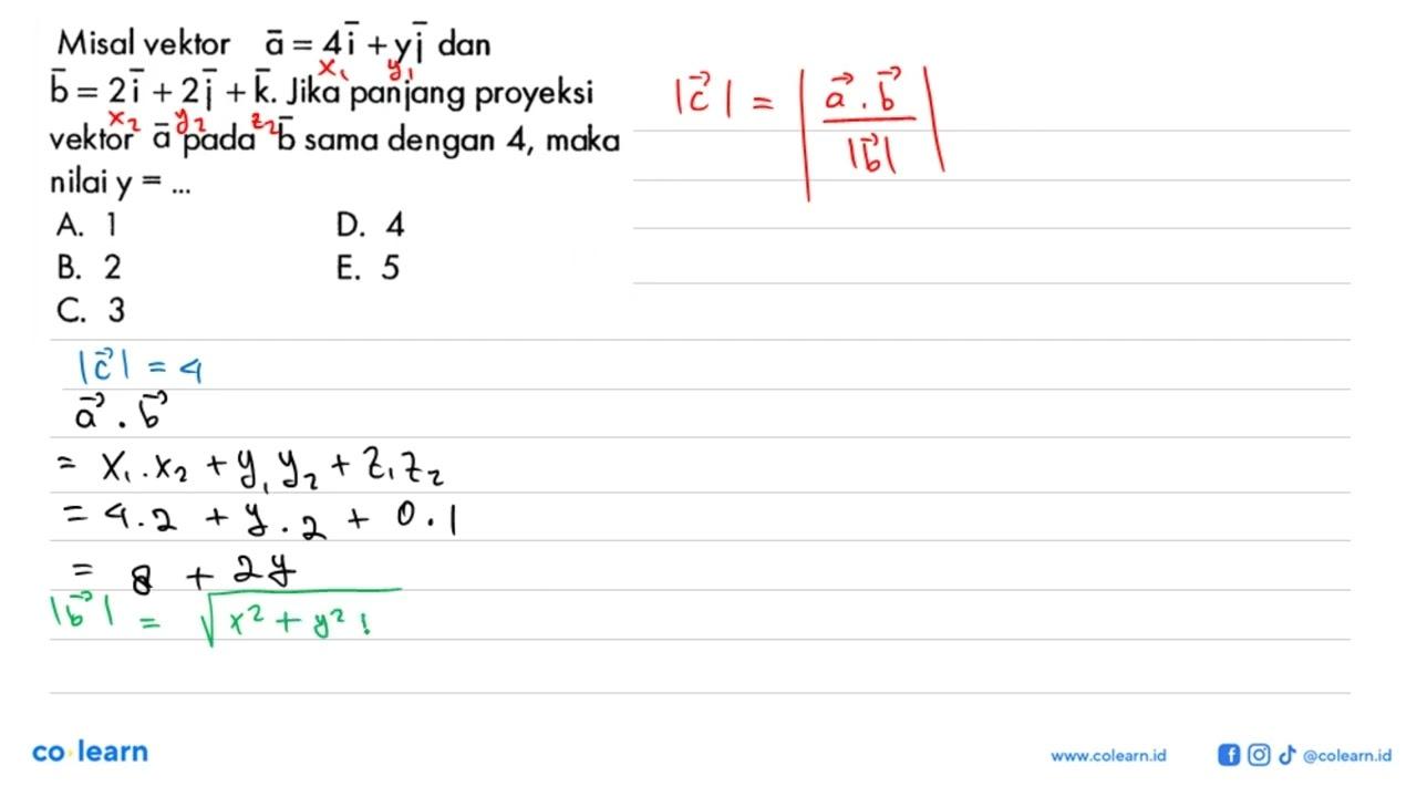 Misal vektor a=4i+yj dan b=2i+2j+k . Jika panjang proyeksi