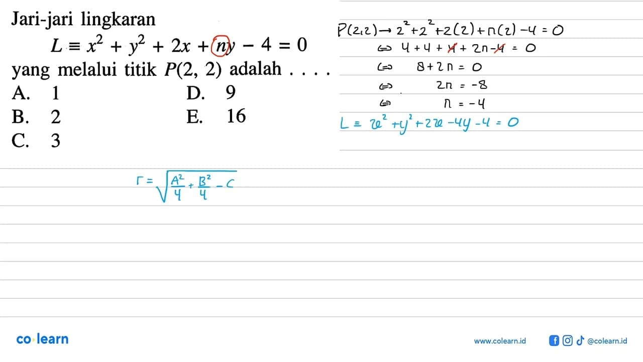 Jari-jari lingkaranL ekuivalenx^2+y^2+2x+n y-4=0yang