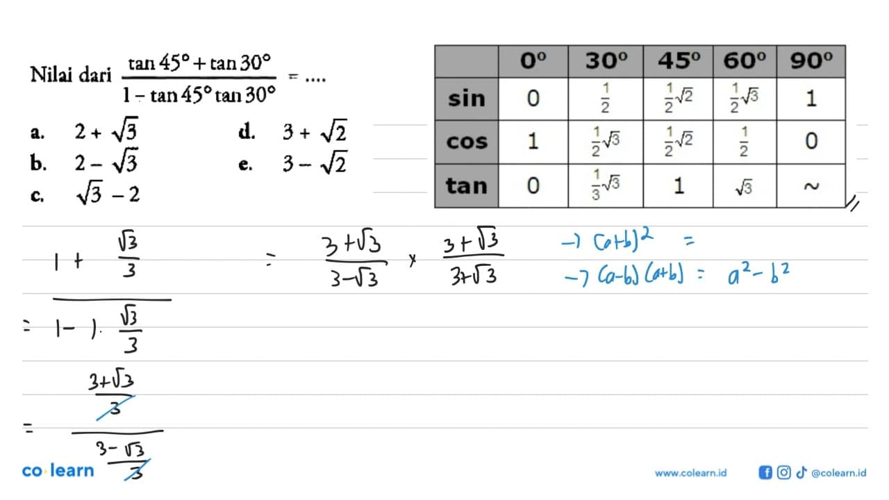 Nilai dari (tan 45+tan 30)/(1-tan 45 tan 30)=...