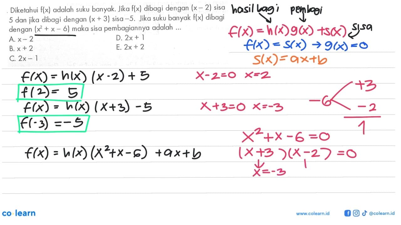 Diketahui f(x) adalah suku banyak. Jika f(x) dibagi dengan