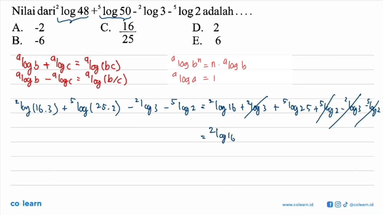 Nilai dari 2log48+5log50-2log3- 5log2 adalah ...