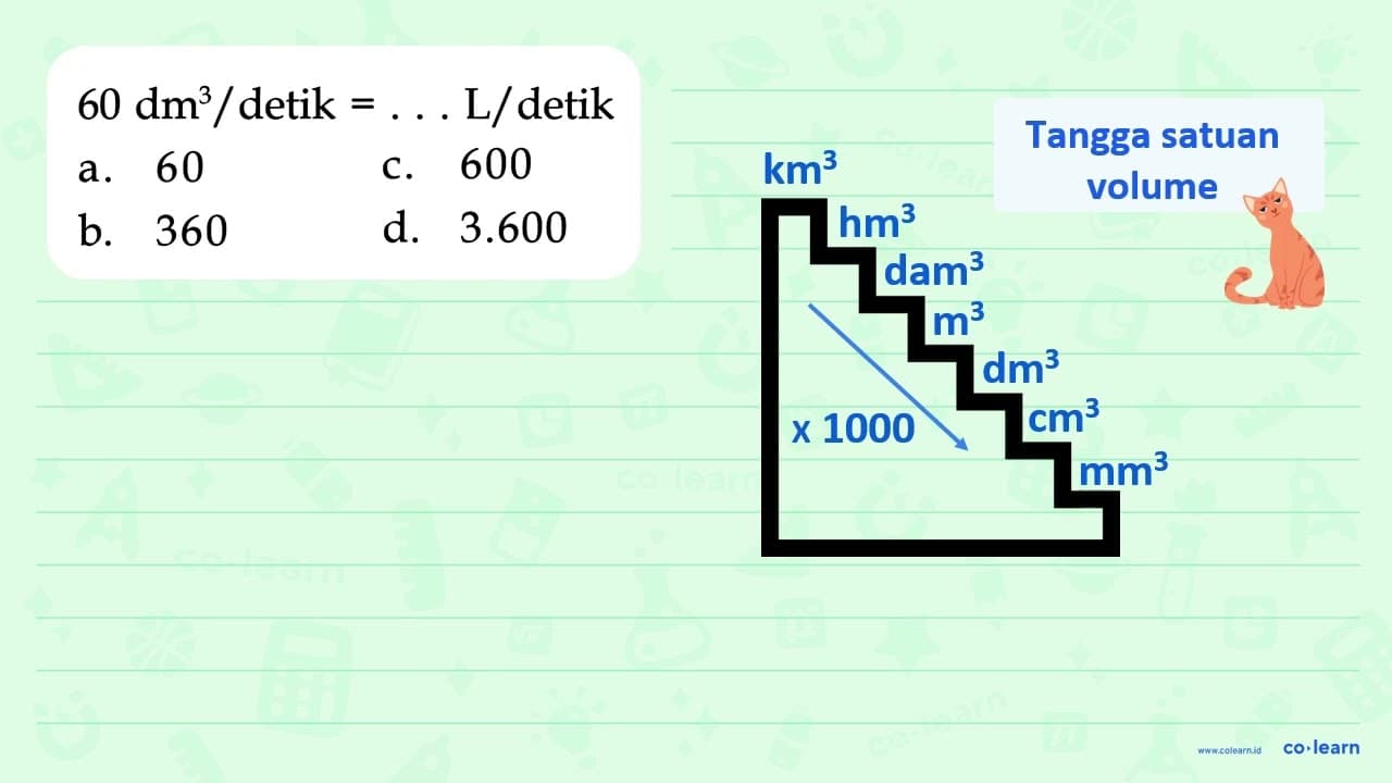 60 dm. / detik Ll detik = 600 60 a C. d. 3.600 b. 360