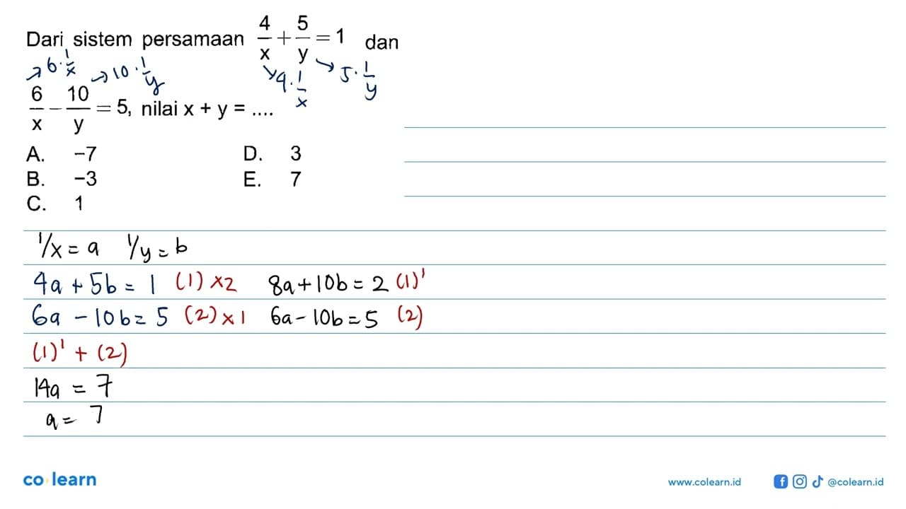 Dari sistem persamaan (4/x)+(5/y)=1 dan (6/x)-(10/y)=5,