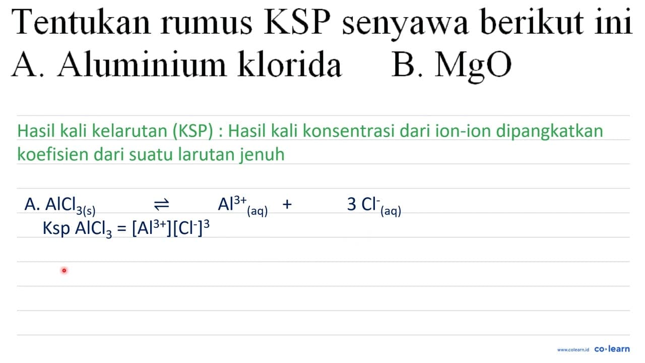 Tentukan rumus KSP senyawa berikut ini A. Aluminium klorida