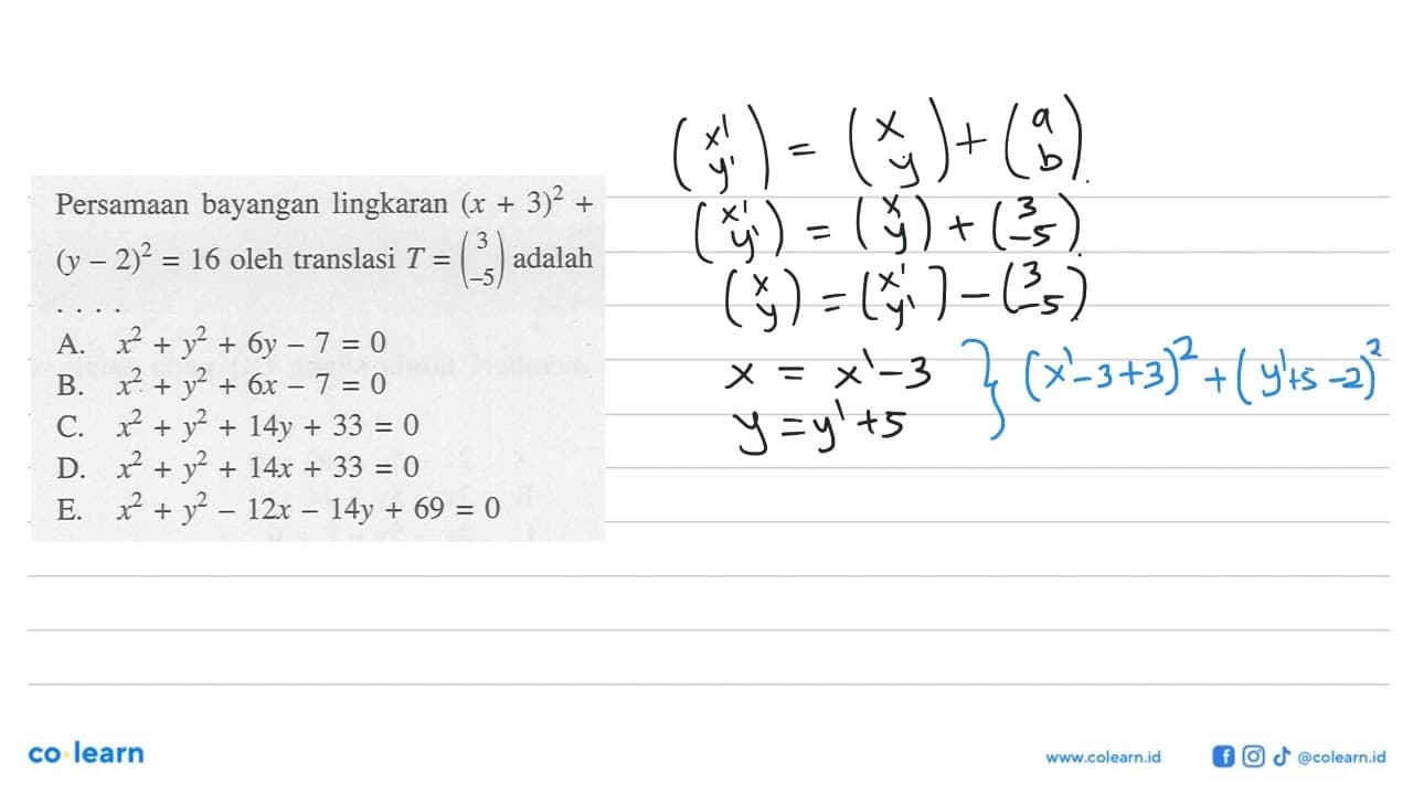 Persamaan bayangan lingkaran (x+3)^2+(y-2)^2=16 oleh