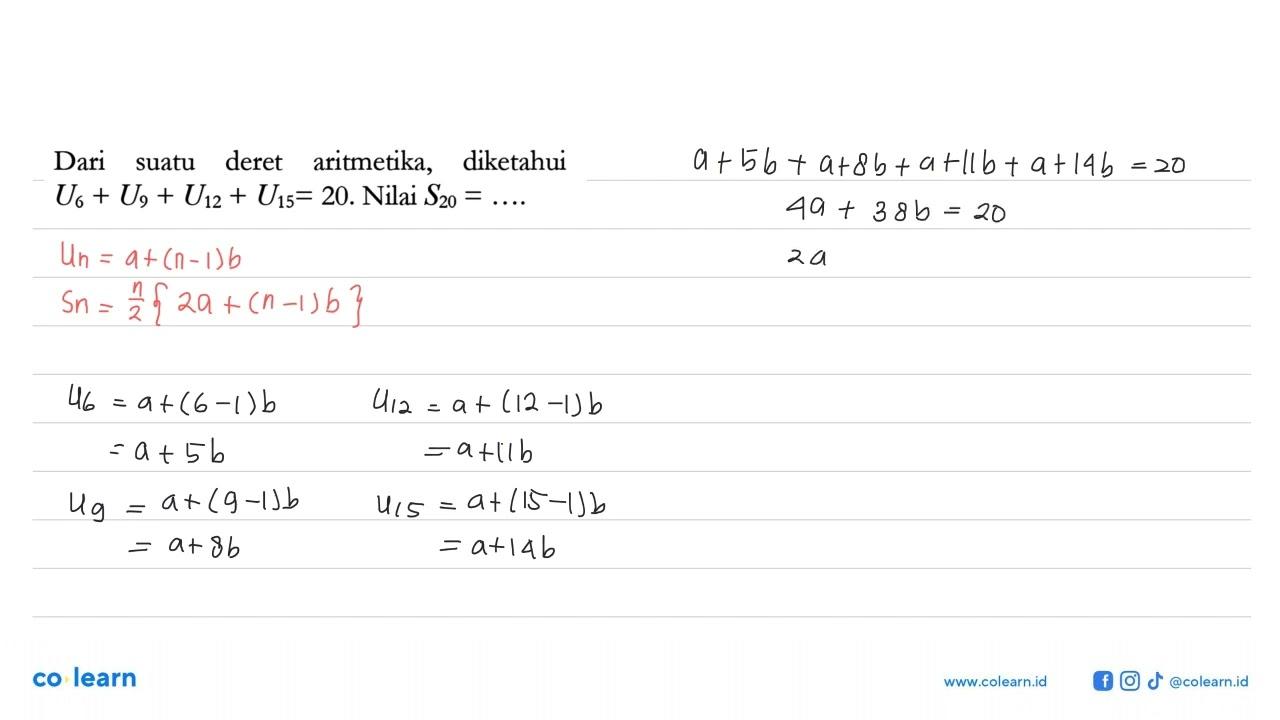 Dari suatu deret aritmetika, diketahui U6+U9+U12+U15=20.