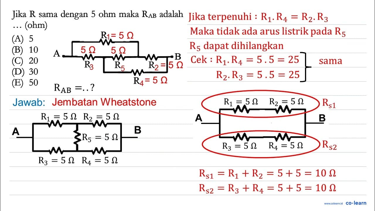 Jika R sama dengan 5 ohm maka RAB adalah ... (ohm) R A R R