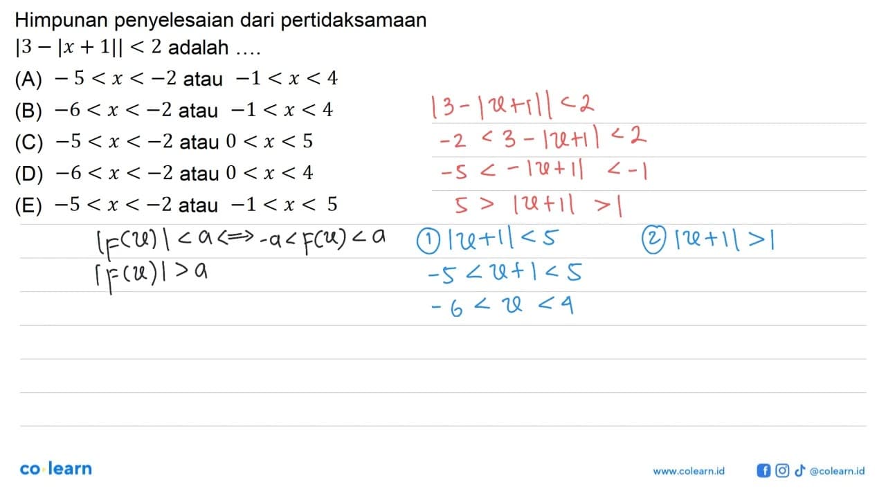 Himpunan penyelesaian dari pertidaksamaan |3-|x+1||<2