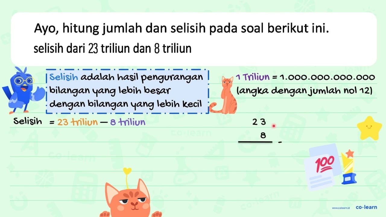 Ayo, hitung jumlah dan selisih pada soal berikut ini.