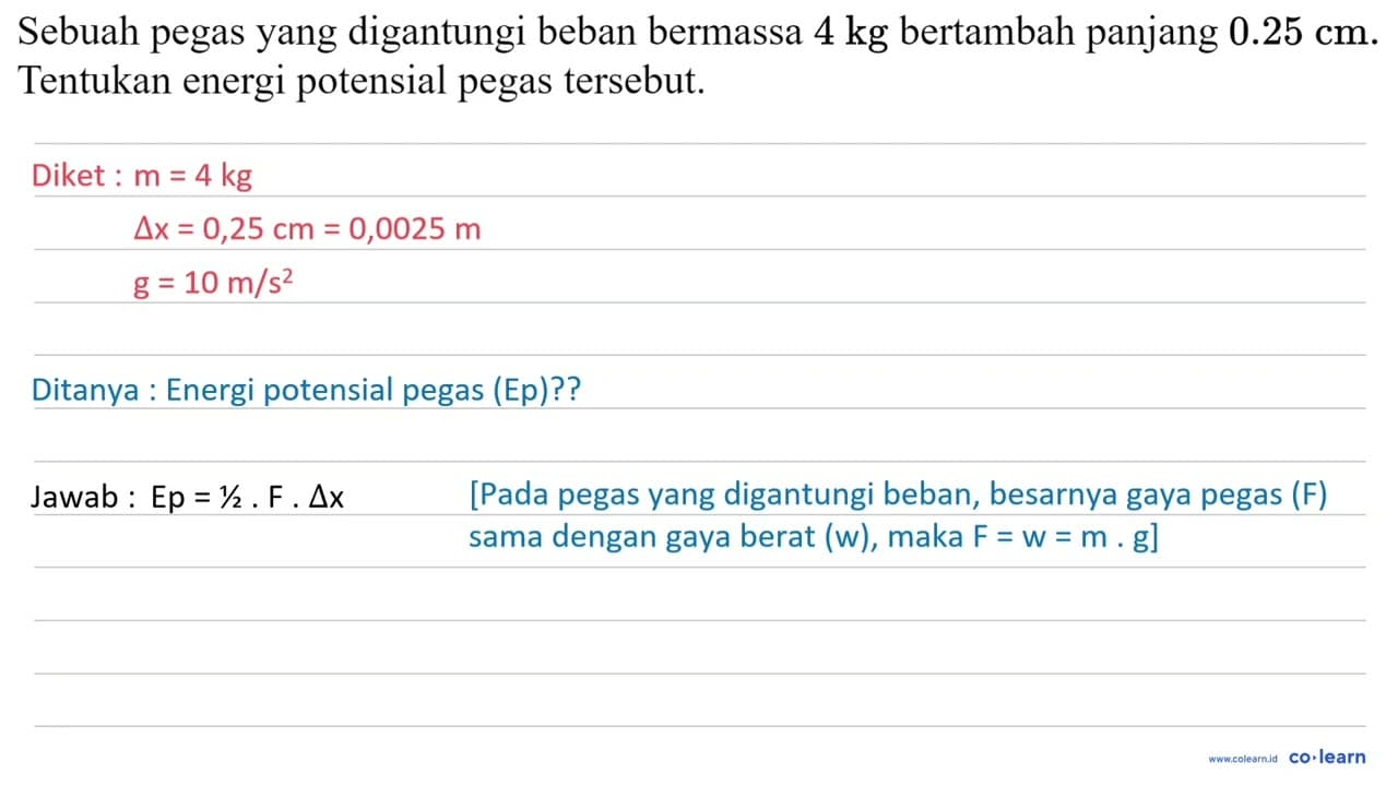 Sebuah pegas yang digantungi beban bermassa 4 kg bertambah