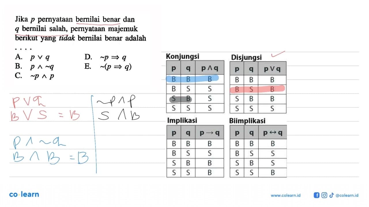 Jika p pernyataan bernilai benar dan q bernilai salah,