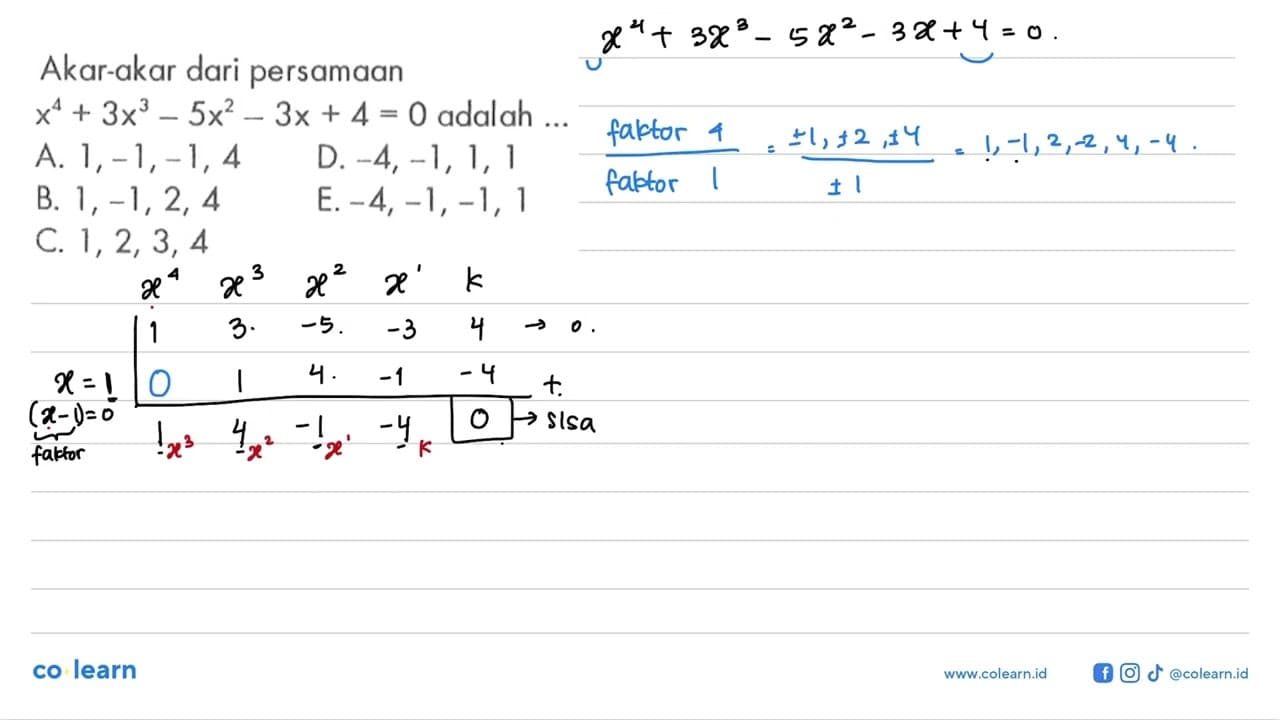 Akar-akar dari persamaan x^4+3x^3-5x^2-3x+4=0 adalah ...