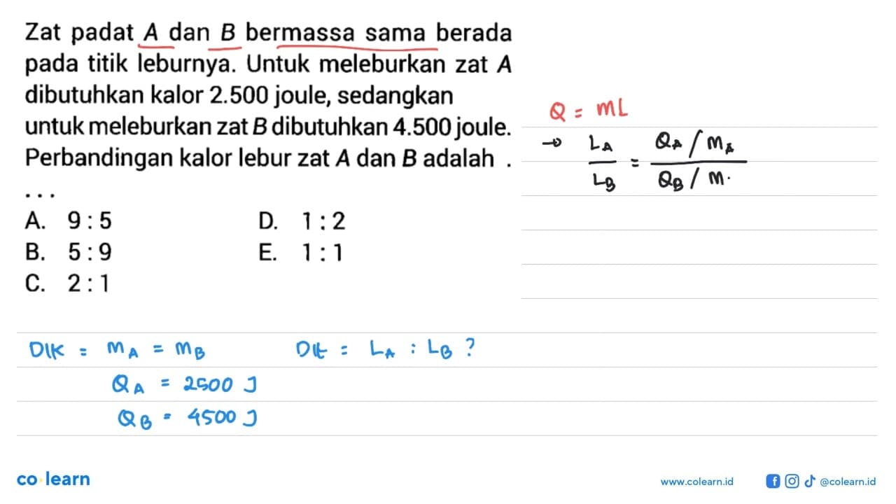 Zat padat A dan B bermassa sama berada pada titik leburnya.