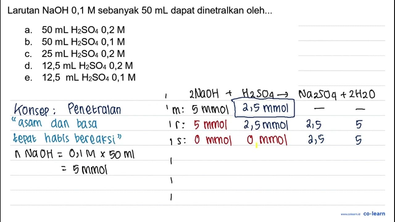 Larutan NaOH 0,1 M sebanyak 50 ~mL dapat dinetralkan oleh..