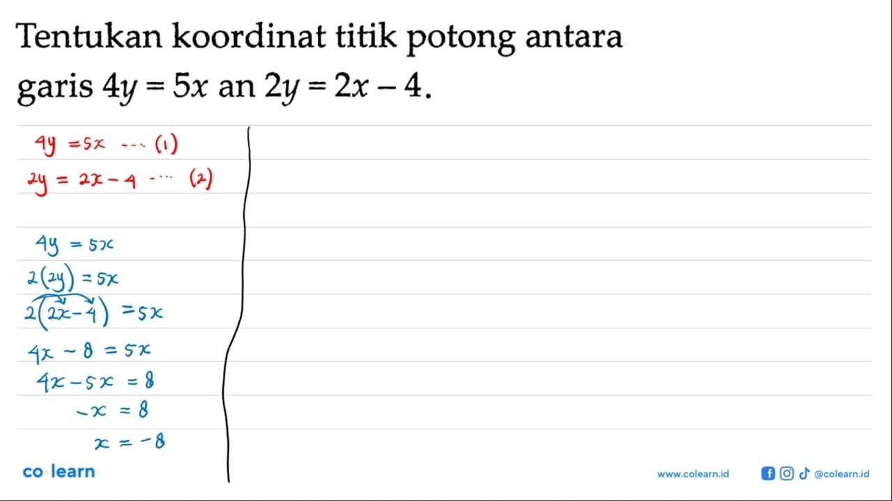 Tentukan koordinat titik potong antara garis 4y = 5x an 2y