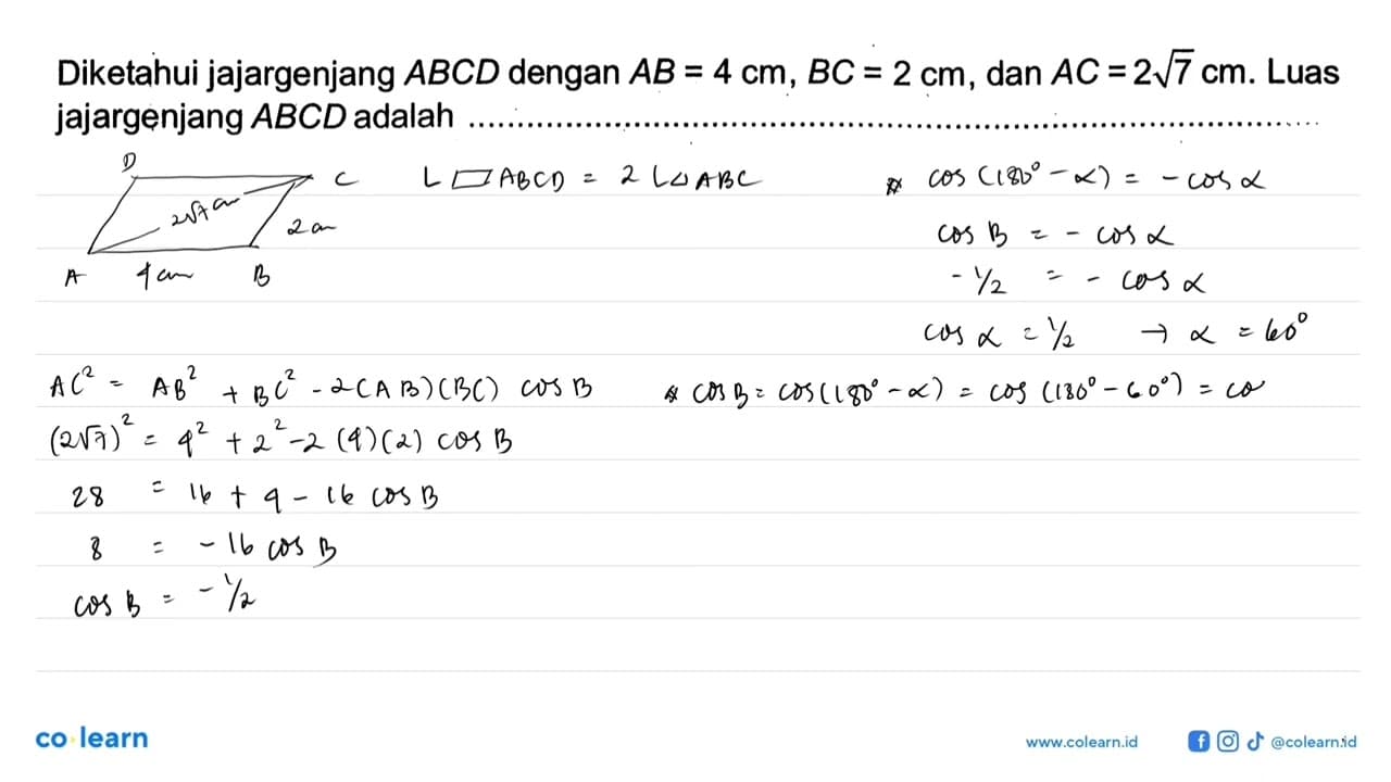 Diketahui jajargenjang ABCD dengan AB=4 cm, BC=2 cm, dan