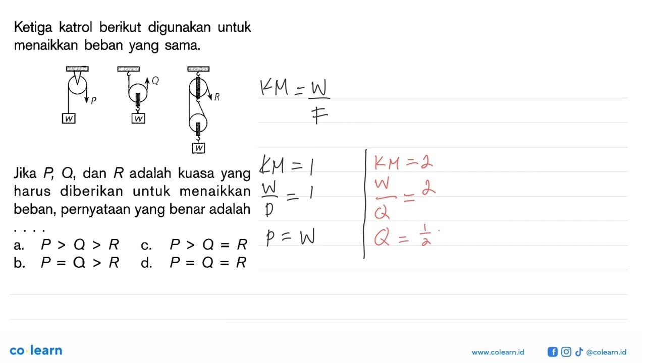 Ketiga katrol berikut digunakan untuk menaikkan beban yang