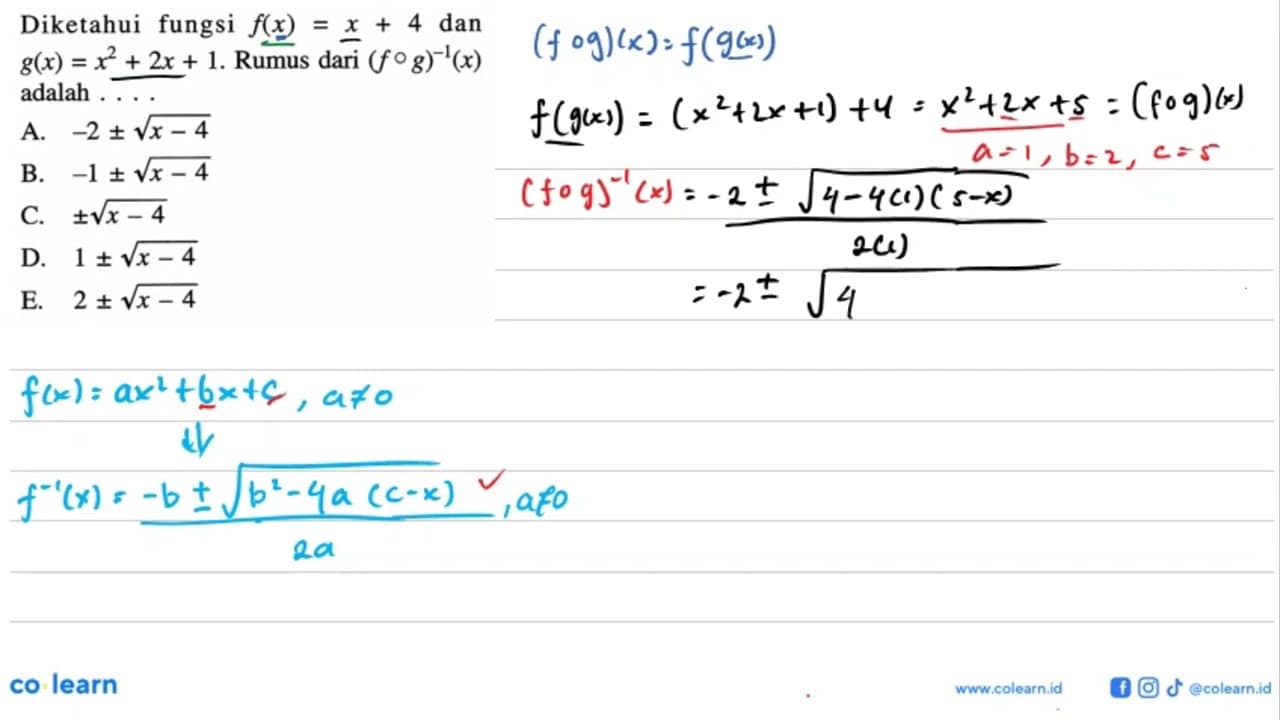 Diketahui fungsi f(x)=x+4 dan g(x)=x^2+2x+1. Rumus dari