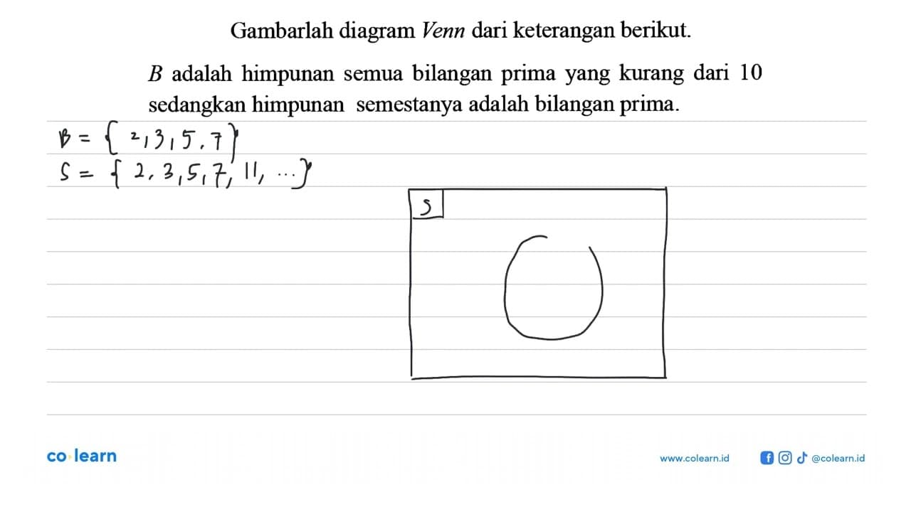 Gambarlah diagram Venn dari keterangan berikut. B adalah