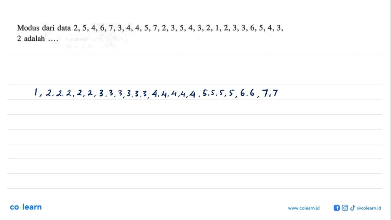 Modus dari data 2, 5, 4, 6, 7, 3, 4, 4, 5, 7, 2, 3, 5, 4,