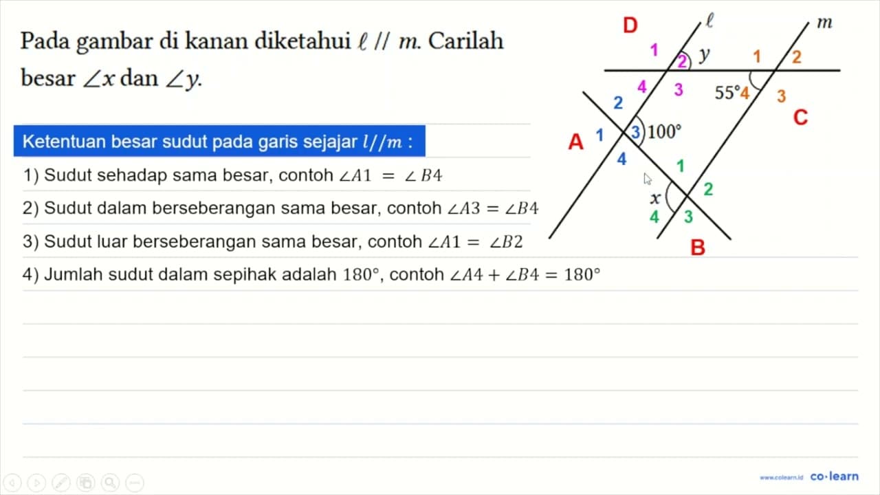 Pada gambar di kanan diketahui l // m. Carilah besar sudut