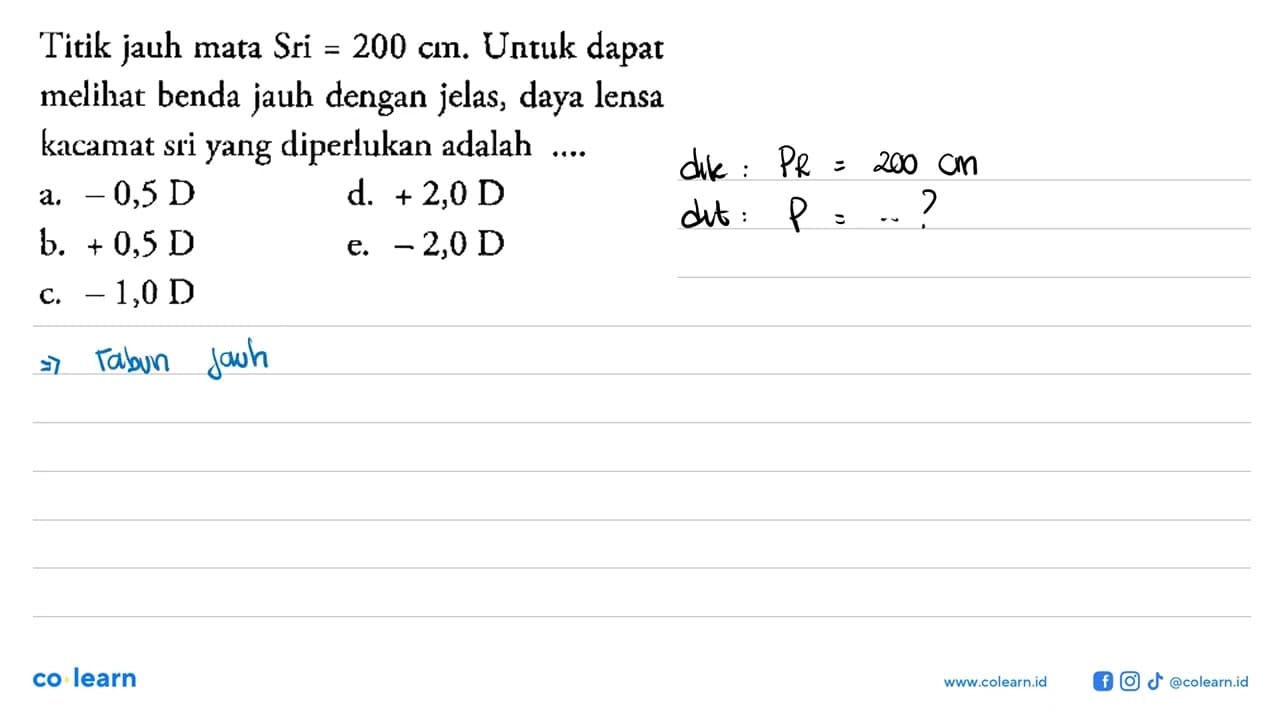 Titik jauh mata Sri = 200 cm. Untuk dapat melihat benda