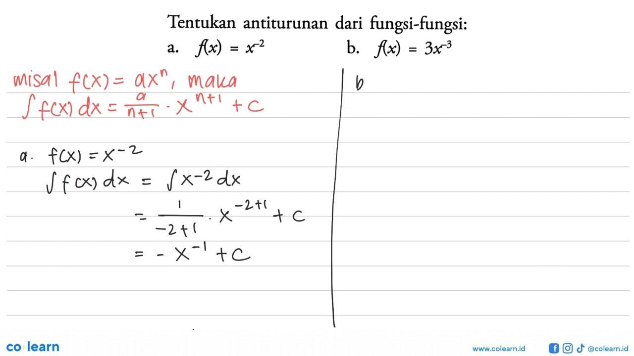 Tentukan antiturunan dari fungsi-fungsi:a. f(x)=x^-2 b.