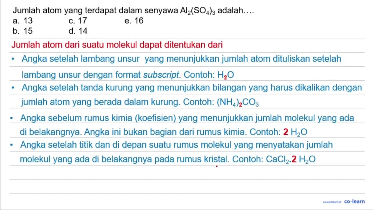 Jumlah atom yang terdapat dalam senyawa Al_(2)(SO_(4))_(3)