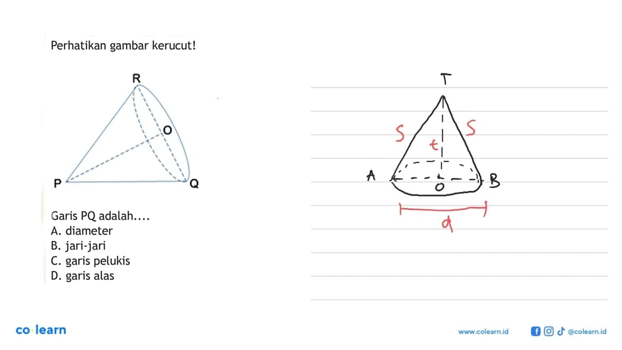 Perhatikan gambar kerucut!Garis PQ adalah....A. diameterB.