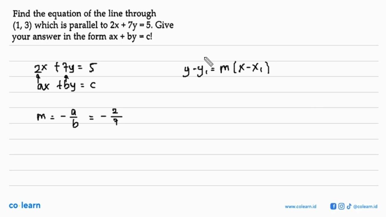 Find the equation of the line through (1, 3) which is