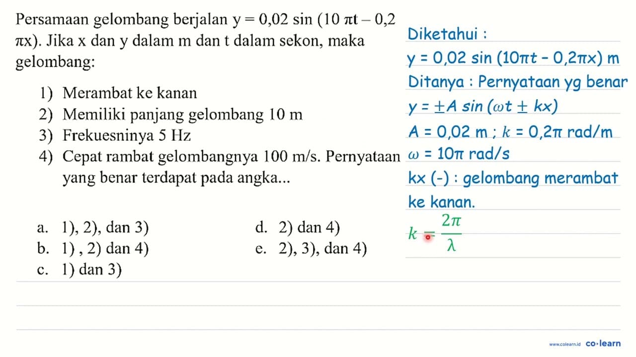 Persamaan gelombang berjalan y=0,02 sin (10 pi t-0,2 pi x)