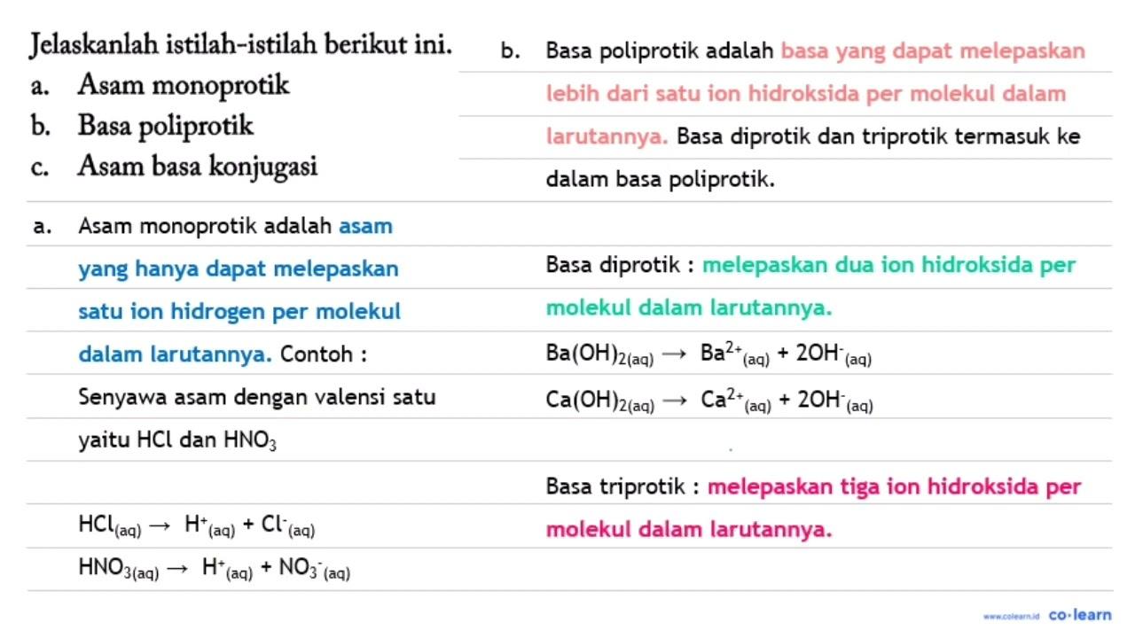 Jelaskanlah istilah-istilah berikut ini. a. Asam monoprotik