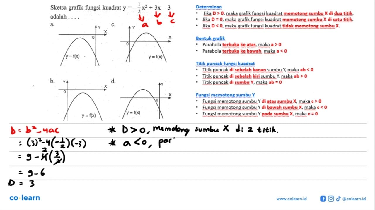 Sketsa grafik fungsi kuadrat y = 1/2 x^2 + 3x - 3 adalah