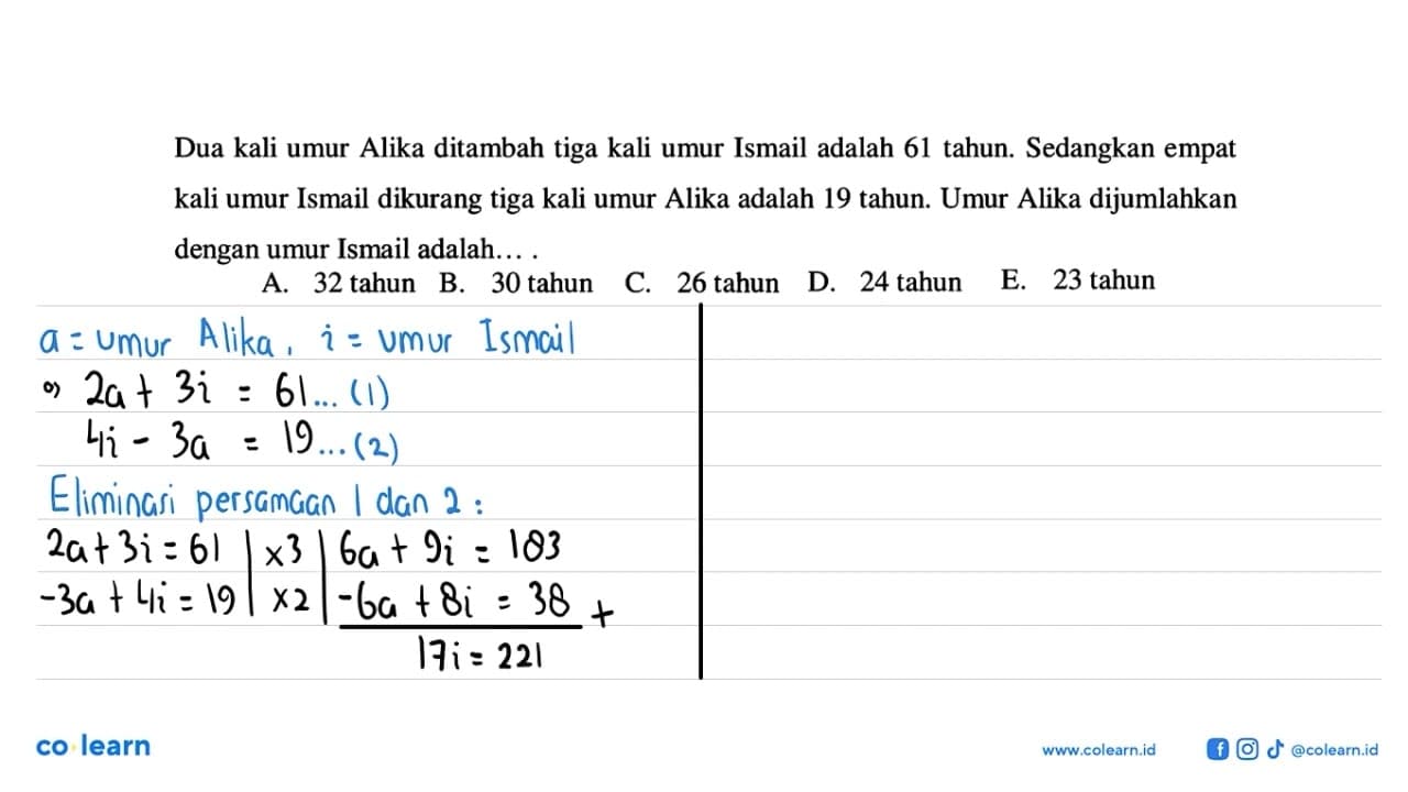 Dua kali umur Alika ditambah tiga kali umur Ismail adalah