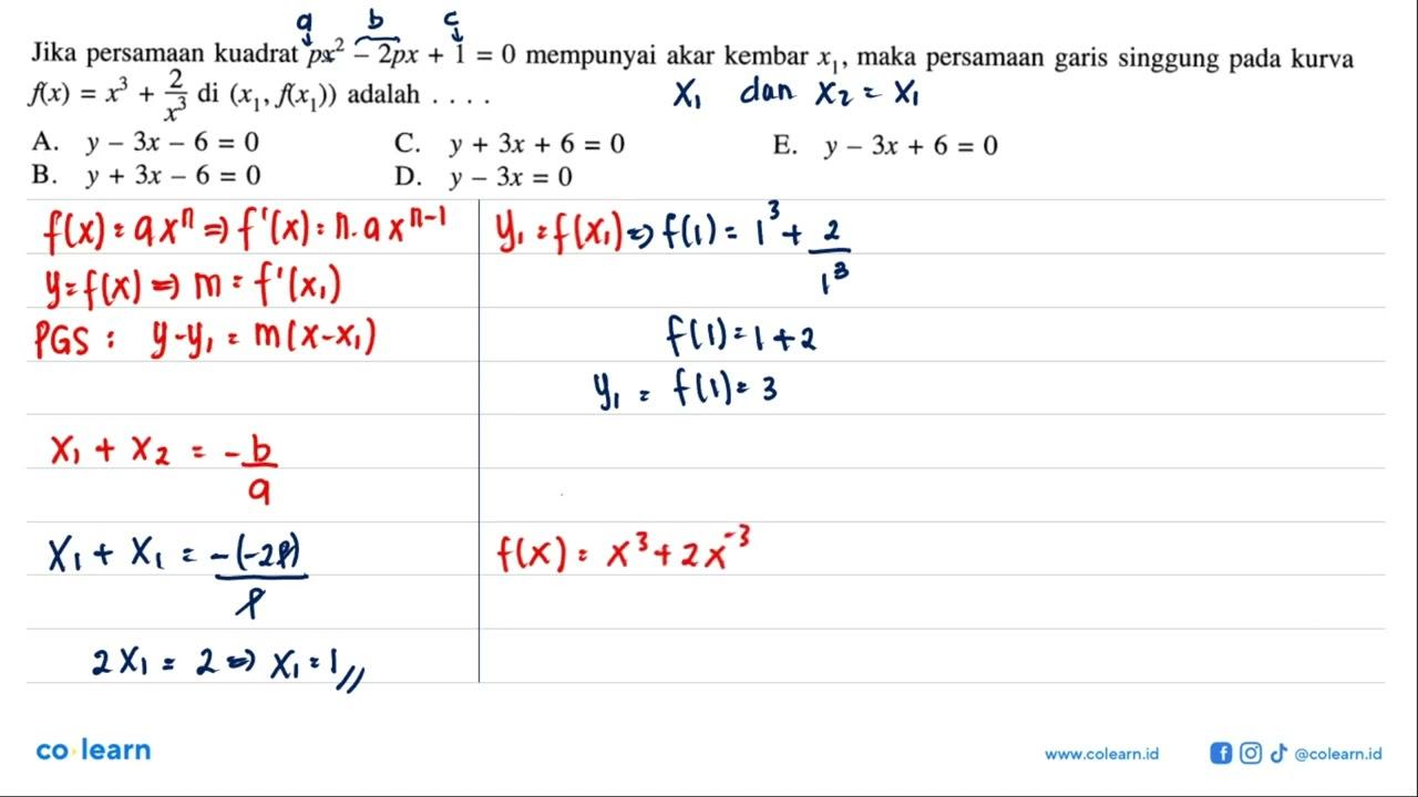 Jika persamaan kuadrat px^2-2px+1=0 mempunyai akar kembar