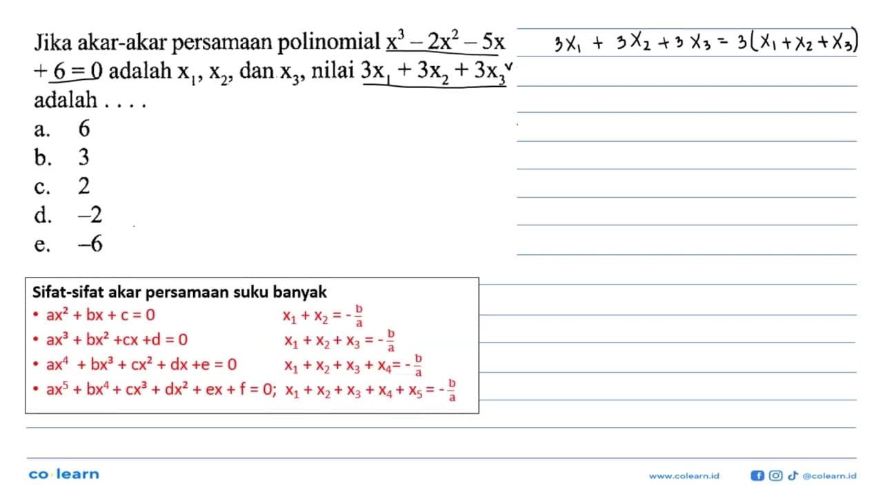 Jika akar-akar persamaan polinomial x^3 -2x^2 -5x +6 = 0