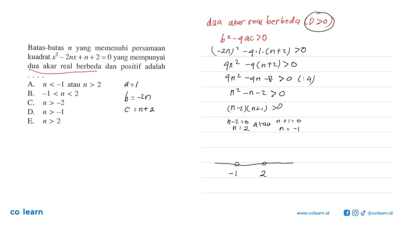 Batas-batas n yang memenuhi persamaan kuadrat x^2 - 2nx+n+2