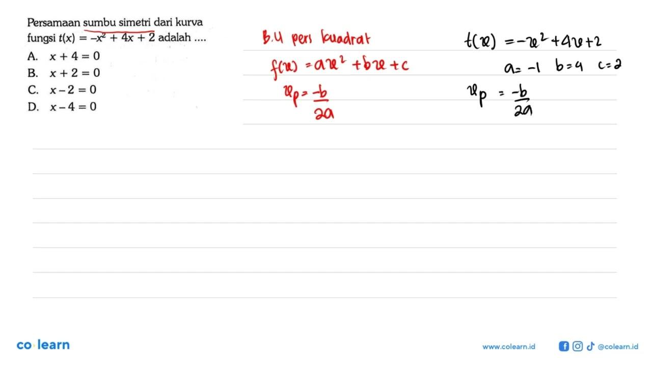 Persamaan sumbu simetri dari kurva fungsi t(x) = -x^2 + 4x